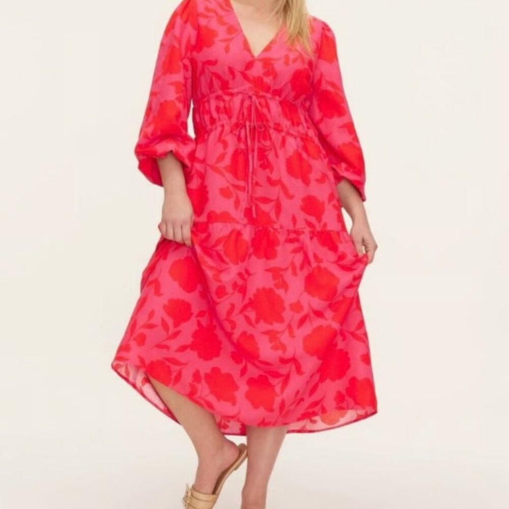 New Kate Spade Woman’s Red Pink Rose Linen Long Sleeve Maxi Dress, Sz MEDIUM
